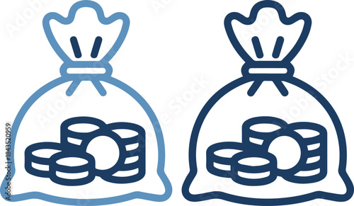 Two money bags filled with coins in blue line art style