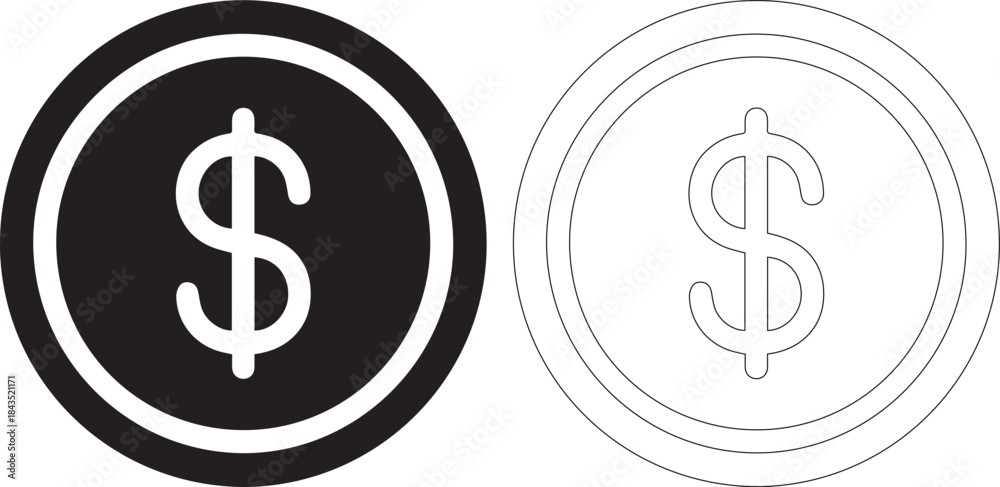 Fototapeta premium Vector illustration of two dollar sign icons in black and white