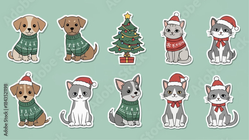 Festive holiday stickers of dogs and cats in Christmas sweaters and Santa hats