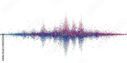 Abstract Digital Sound Waveform with Colorful Dispersed Particles on White Background