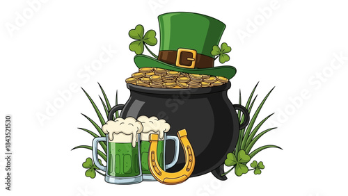 A festive St. Patrick's Day illustration featuring a pot of gold, a green leprechaun hat, two mugs of green beer, and a horseshoe.