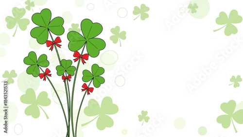 Saint Patrick's Day lucky shamrocks with red bows and floating bubbles