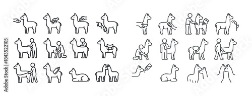 Stick figures interacting with llamas in various activities and