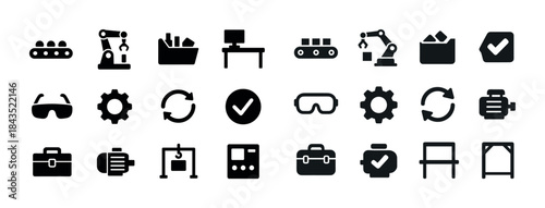 Industrial icons: automation, manufacturing, safety gear, machin