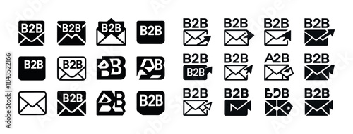 Diverse b2b icon set: mail and business designs in black and whi