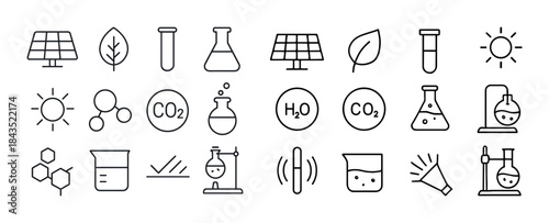 Renewable energy and chemistry icons featuring solar, leaf, and
