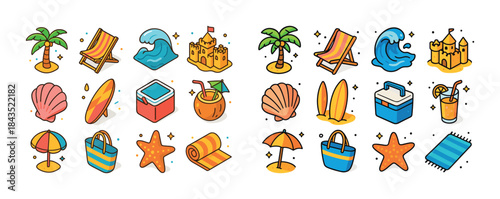 Colorful summer beach icons collection with palm trees and sandc