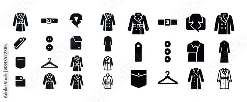 Black and white icons of coats, hangers, and sewing accessories