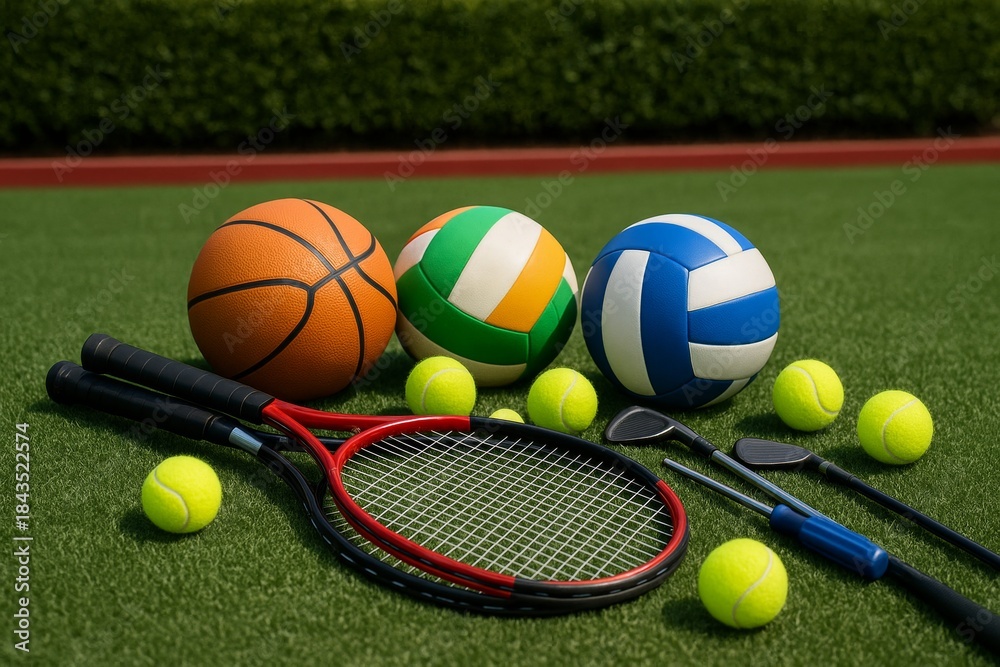 Naklejka premium Assorted sports equipment including basketball, volleyballs, tennis balls, rackets, and golf clubs on green field surface in bright daylight concept. Ai generative