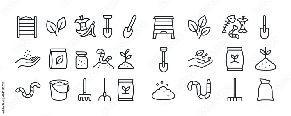 Naklejka premium Composting icons: tools, plants, worms, recycling, gardening ele