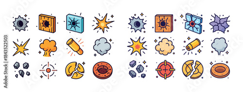 Comic style explosions and impact effects icons set with bullet