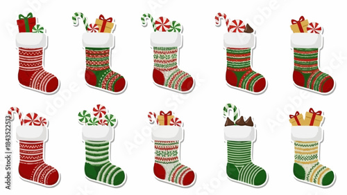 Colorful Christmas stockings filled with gifts and treats