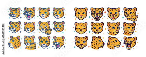 Set of cute leopard faces with various expressions and styles