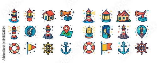 Colorful nautical icons set featuring lighthouse, anchor, and co