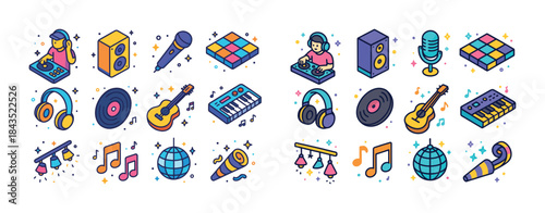 Colorful music icons set featuring instruments and djs