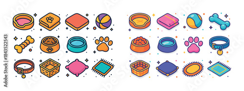 Colorful icons of pet bowls, toys, and accessories on white back