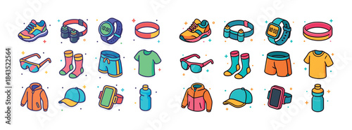 Colorful fitness gear icons: shoes, watches, apparel, accessorie