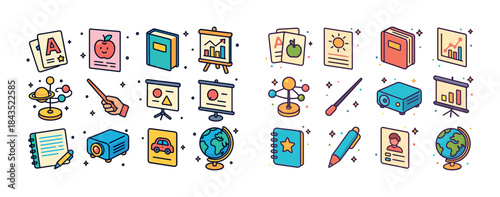 Colorful education icons including books, charts, and learning t