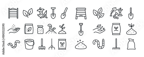 Composting icons: tools, plants, worms, recycling, gardening ele