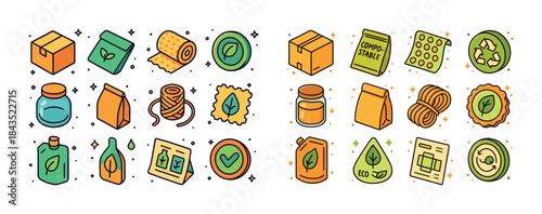 Eco-friendly packaging icons collection featuring recyclable and