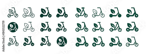 Eco-friendly scooter icon set with leaf designs in various style