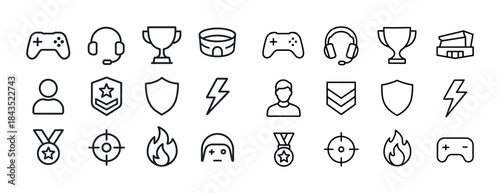 Gaming icons: controllers, headsets, trophies, shields, targets,