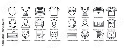 Esports icons: trophies, jerseys, mascots, scoreboards, and gami