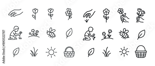 Nature and gardening icons set with flowers, hands, bees, and su