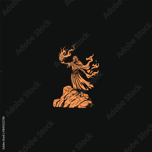 Majestic old wizard with a long beard standing on a rocky hill holding a glowing magical flame in hand-drawn vintage style.