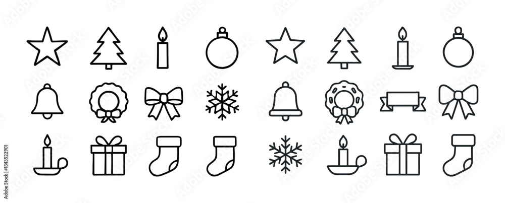 Fototapeta premium Minimalist christmas icons: trees, candles, bells, and gifts in
