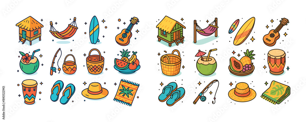 Obraz premium Colorful summer vacation icons featuring tropical items and beac