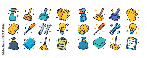 Colorful cleaning and repair tools: brushes, gloves, sponges, li