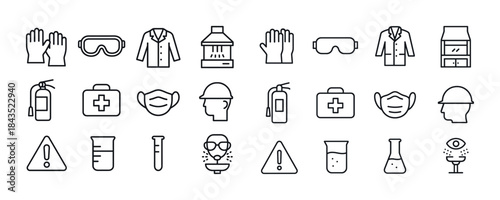 Laboratory safety icons: gloves, masks, goggles, first aid, equi
