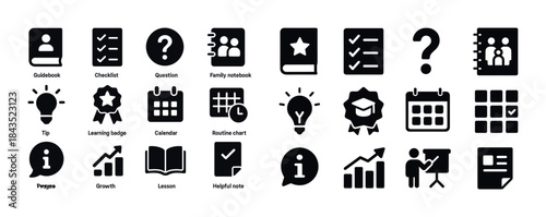 Educational icon set: checklist, calendar, growth chart, learnin