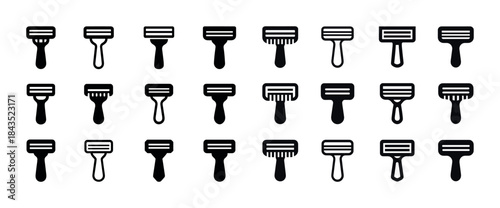 Row of shaving razor icons in black and white on white backgroun