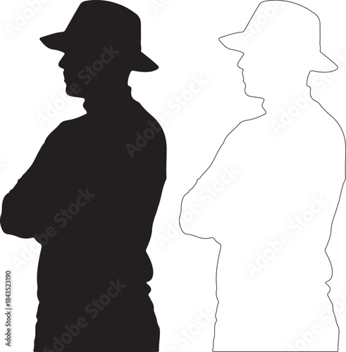 Black and white vector silhouettes of man in hat with arms crossed isolated PNG with Transparent Background