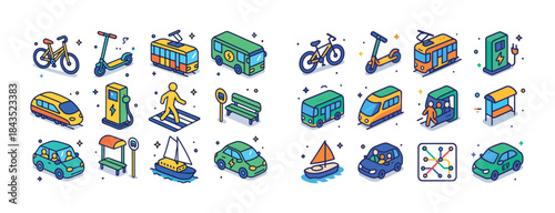 Colorful urban transportation icons featuring bicycles, buses, a