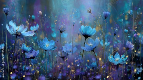 Colorful flowers bloom in a garden during the evening with soft light creating a vibrant scene