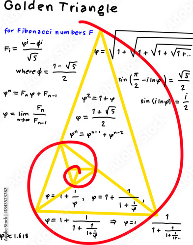 Golden triangle diagram with Fibonacci formulas and golden ratio spiral, showing mathematical relationships, geometry, and aesthetic proportions on white.
