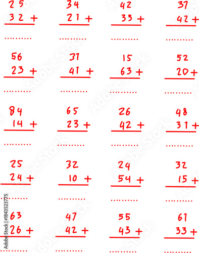 Handwritten elementary math worksheet with multiple two-digit addition problems in red ink, arranged in a grid for kids’ practice and education.
