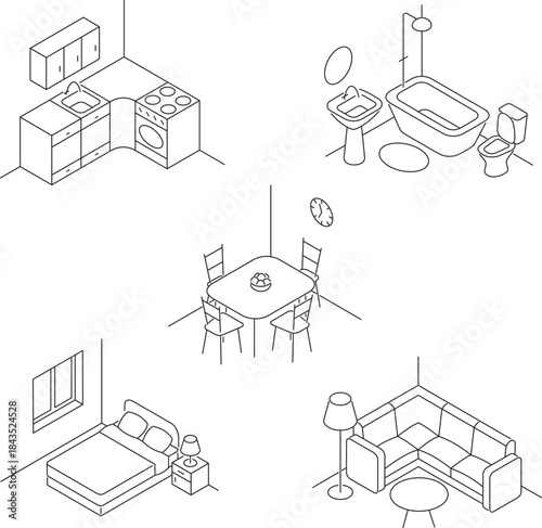 Line icons set of home interior rooms. Set of five minimalist linear interior room illustrations including kitchen, bedroom, bathroom, living room and dining room.
