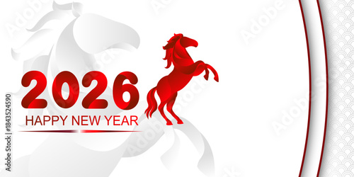 Happy New Year 2026 banner with a dynamic red horse silhouette. Modern minimalist design for greeting cards, social media, and digital celebrations