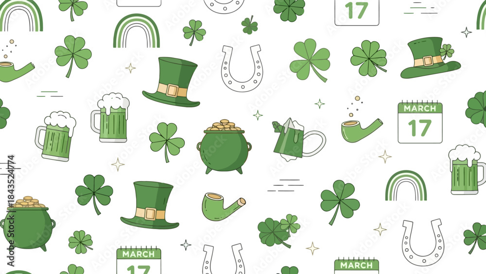 Obraz premium St. Patrick's Day Seamless Pattern of Lucky Symbols and Green Beer