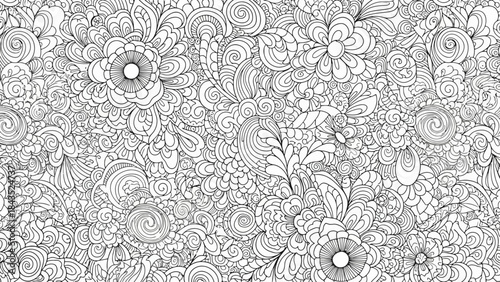Intricate Floral Swirl Pattern Background, Detailed Zentangle Flowers and Leaves