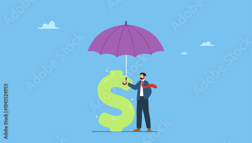 Confidence businessman holding big umbrella covered dollar sign money. Income protection insurance, protect money or investment wealth, secure savings in economic crisis.