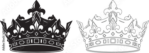 Black and White Royal Crowns Vector Illustration Set isolated PNG with Transparent Background