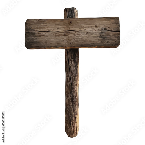 Weathered wooden signpost with horizontal plank and vertical post on white background rustic