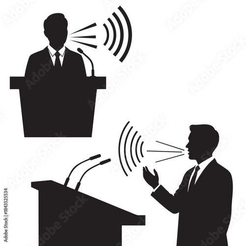 Vector Silhouettes of People Speaking Publicly and Giving Speeches from a Podium