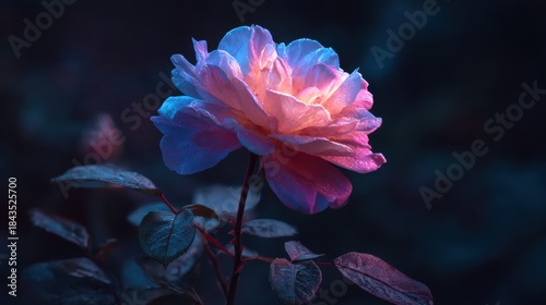 Close-up view of a rose blooming at night in a garden with soft light shining on the petals and leaves