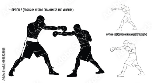 Dynamic Boxing Match Vector Illustration with Silhouettes and Minimalist Line Art Fighters for Sports Design